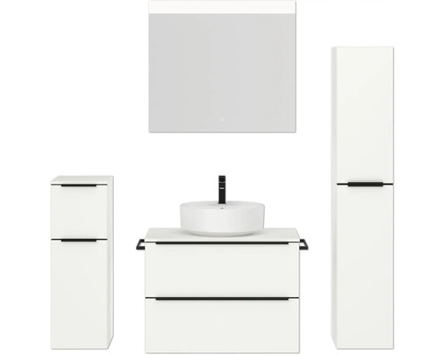 Badmöbel-Set NOBILIA Programm 3 BxHxT 160 x 169,1 x 48,7 cm Frontfarbe weiß matt mit Aufsatz-Waschtisch weiß und Spiegel mit LED-Beleuchtung Midischrank Unterschrank Griffleiste schwarz 409 Badezimmer-Set mit Waschtisch, Aufsatzwaschbecken, Spiegelschrank und Hochschrank
