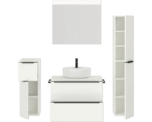 Badezimmerensemble mit Waschbeckenunterschrank, Aufsatzwaschbecken, Spiegelschrank und Hochschrank