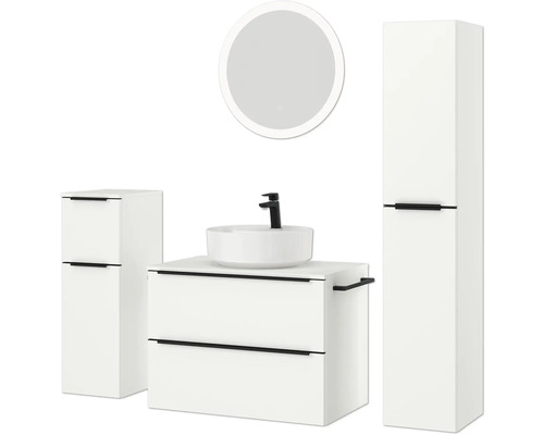 Badezimmer-Set mit Waschbecken, Unterschrank, Spiegelschrank und Hochschrank