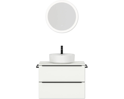 Badmöbel-Set NOBILIA Programm 3 BxHxT 81 x 169,1 x 48,7 cm Frontfarbe weiß matt mit Aufsatz-Waschtisch weiß und Spiegel rund mit LED-Beleuchtung Griffleiste schwarz 401