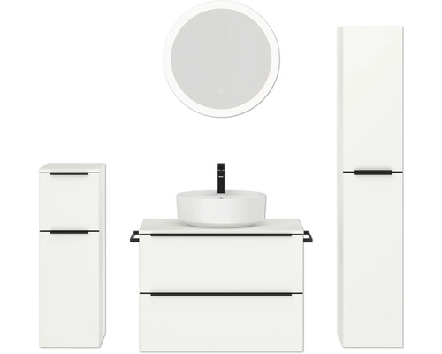Badmöbel-Set NOBILIA Programm 3 BxHxT 160 x 169,1 x 48,7 cm Frontfarbe weiß matt mit Aufsatz-Waschtisch weiß und Spiegel rund mit LED-Beleuchtung Midischrank Unterschrank Griffleiste schwarz 425 Badezimmerensemble mit Waschtisch, Aufsatzwaschbecken, Spiegelschrank und Hochschrank