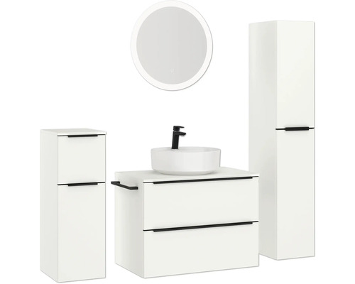 Badezimmerensemble mit Waschtisch, Aufsatzwaschbecken, Armatur, Spiegelschrank und Hochschrank