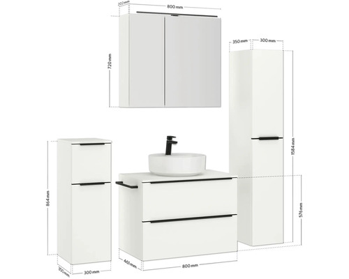 Badezimmer-Set mit Waschbecken, Unterschrank, Spiegelschrank und Hochschrank mit Maßangaben