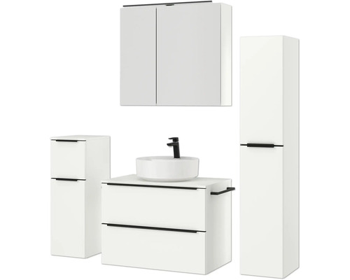 Badezimmer-Set mit Waschtisch, Waschbecken, Spiegelschrank und Hochschrank