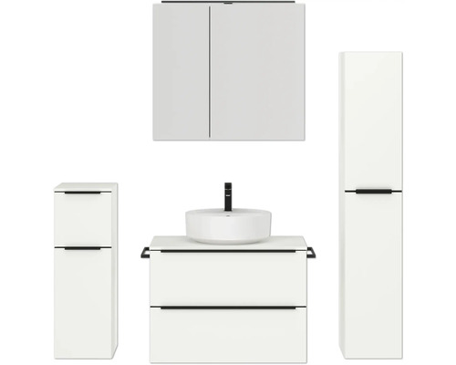 Badmöbel-Set NOBILIA Programm 3 BxHxT 160 x 169,1 x 48,7 cm Frontfarbe weiß matt mit Aufsatz-Waschtisch und Spiegelschrank 2-türig mit LED-Beleuchtung Unterschrank Midischrank Griffleiste schwarz Badezimmer Set mit Waschtisch, Waschbecken, Spiegelschrank und Hochschrank