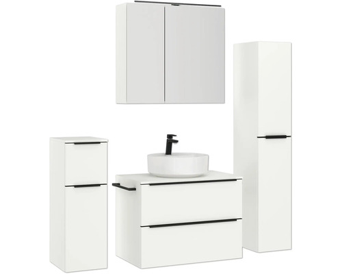 Badezimmer-Set mit Waschtisch, Aufsatzwaschbecken, Spiegelschrank und Hochschrank für ein modernes Badezimmerdesign
