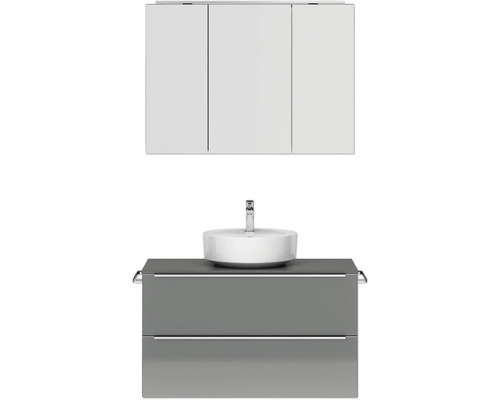 Badmöbel-Set NOBILIA Programm 3 BxHxT 101 x 169,1 x 48,7 cm Frontfarbe grau hochglanz mit Aufsatz-Waschtisch und Spiegelschrank 3-türig mit LED-Beleuchtung Griffleiste chrom matt 452 Badmöbel-Set NOBILIA Programm 3 BxHxT 101 x 169,1 x 48,7 cm Frontfarbe grau hochglanz mit Aufsatz-Waschtisch und Spiegelschrank 3-türig mit LED-Beleuchtung Griffleiste chrom matt 452