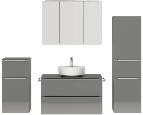 Badmöbel-Set NOBILIA Programm 3 BxHxT 210 x 169,1 x 48,7 cm Frontfarbe grau hochglanz mit Aufsatz-Waschtisch und Spiegelschrank 3-türig mit LED-Beleuchtung Unterschrank Midischrank Griffleiste chrom matt 476 Badmöbel-Set NOBILIA Programm 3 BxHxT 210 x 169,1 x 48,7 cm Frontfarbe grau hochglanz mit Aufsatz-Waschtisch und Spiegelschrank 3-türig mit LED-Beleuchtung Unterschrank Midischrank Griffleiste chrom matt 476