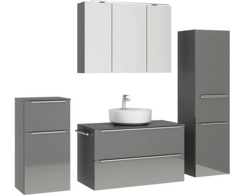 Badezimmermöbelset mit Waschtisch, Waschbecken, Spiegelschrank und Hochschrank