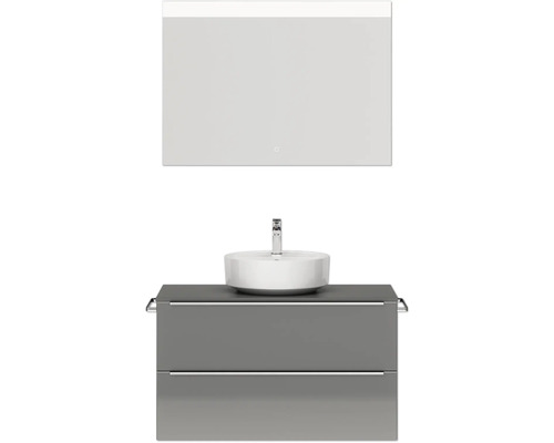 Badmöbel-Set NOBILIA Programm 3 BxHxT 101 x 169,1 x 48,7 cm Frontfarbe grau hochglanz mit Aufsatz-Waschtisch weiß und Spiegel mit LED-Beleuchtung Griffleiste chrom matt 444