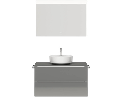 Badmöbel-Set NOBILIA Programm 3 BxHxT 101 x 169,1 x 48,7 cm Frontfarbe grau hochglanz mit Aufsatz-Waschtisch weiß und Spiegel mit LED-Beleuchtung Griffleiste chrom matt 444 Waschtischkombination mit Aufsatzwaschbecken und Spiegel
