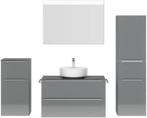 Badmöbel-Set NOBILIA Programm 3 BxHxT 210 x 169,1 x 48,7 cm Frontfarbe grau hochglanz mit Aufsatz-Waschtisch weiß und Spiegel mit LED-Beleuchtung Midischrank Unterschrank Griffleiste chrom matt 468 Badmöbel-Set NOBILIA Programm 3 BxHxT 210 x 169,1 x 48,7 cm Frontfarbe grau hochglanz mit Aufsatz-Waschtisch weiß und Spiegel mit LED-Beleuchtung Midischrank Unterschrank Griffleiste chrom matt 468