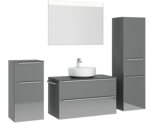 Badezimmer-Set mit Waschtisch, Aufsatzwaschbecken, Spiegelschrank und Hochschrank für eine helle und organisierte Raumatmosphäre