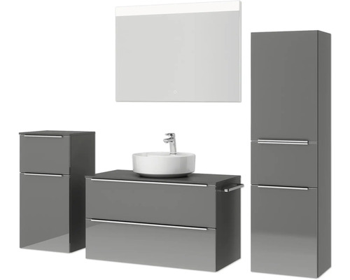 Modernes Badezimmerset mit Waschtisch, Spiegel, Aufsatzwaschbecken und Hochschränken