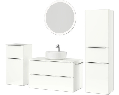 Badezimmerensemble mit Waschtisch, Aufsatzwaschbecken, Spiegelschrank und Hochschrank