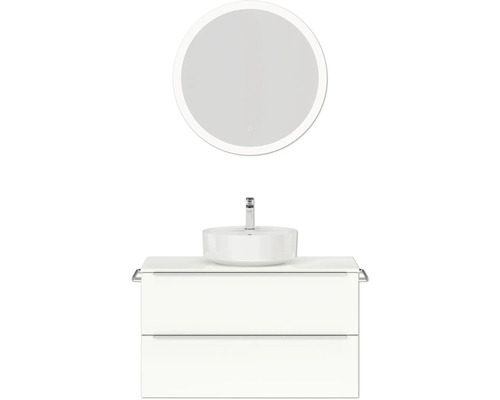 Badmöbel-Set NOBILIA Programm 3 BxHxT 101 x 169,1 x 48,7 cm Frontfarbe weiß hochglanz mit Aufsatz-Waschtisch weiß und Spiegel rund mit LED-Beleuchtung Griffleiste chrom matt 458