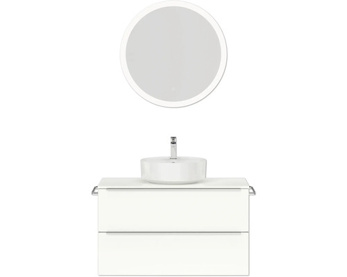Badmöbel-Set NOBILIA Programm 3 BxHxT 101 x 169,1 x 48,7 cm Frontfarbe weiß hochglanz mit Aufsatz-Waschtisch weiß und Spiegel rund mit LED-Beleuchtung Griffleiste chrom matt 458 Badezimmeransicht mit Waschbecken, Unterschrank und beleuchtetem Spiegel