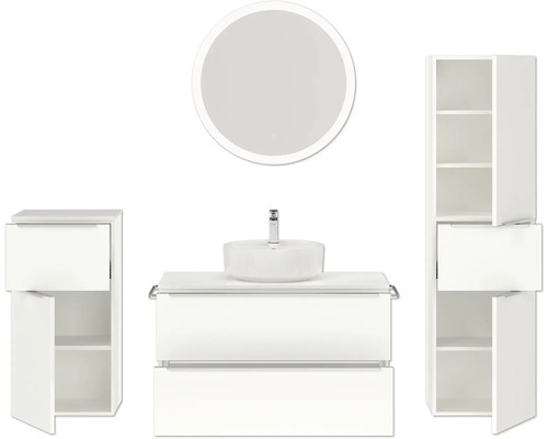 Badezimmerensemble mit Waschtisch, Spiegel und Schränken