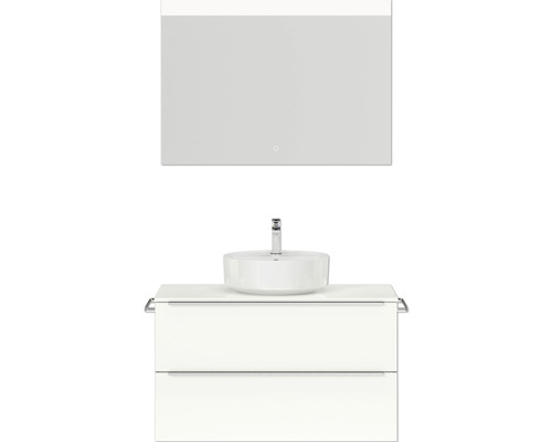 Badmöbel-Set NOBILIA Programm 3 BxHxT 101 x 169,1 x 48,7 cm Frontfarbe weiß hochglanz mit Aufsatz-Waschtisch weiß und Spiegel mit LED-Beleuchtung Griffleiste chrom matt 442