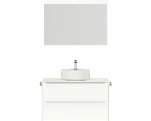 Badmöbel-Set NOBILIA Programm 3 BxHxT 101 x 169,1 x 48,7 cm Frontfarbe weiß hochglanz mit Aufsatz-Waschtisch weiß und Spiegel mit LED-Beleuchtung Griffleiste chrom matt 442 Waschtischkombination mit Aufsatzwaschbecken und Spiegel für das Badezimmer