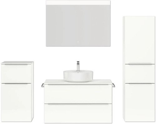 Badmöbel-Set NOBILIA Programm 3 BxHxT 210 x 169,1 x 48,7 cm Frontfarbe weiß hochglanz mit Aufsatz-Waschtisch weiß und Spiegel mit LED-Beleuchtung Midischrank Unterschrank Griffleiste chrom matt 466 Badmöbel-Set NOBILIA Programm 3 BxHxT 210 x 169,1 x 48,7 cm Frontfarbe weiß hochglanz mit Aufsatz-Waschtisch weiß und Spiegel mit LED-Beleuchtung Midischrank Unterschrank Griffleiste chrom matt 466