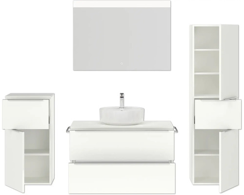 Badezimmer-Set mit Waschtisch, Aufsatzwaschbecken, Spiegelschrank und Hochschränken