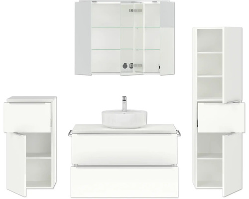 Modernes Badezimmer-Set mit Waschtisch, Spiegel und Schränken zur Badezimmergestaltung