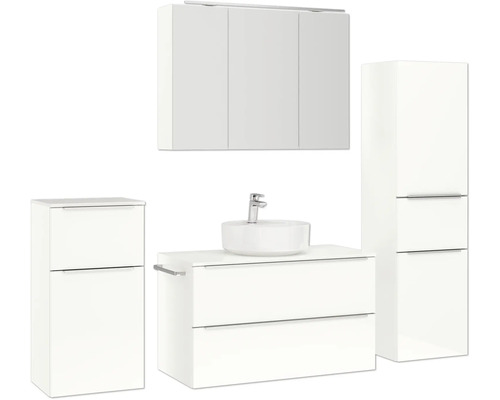 Modernes Badezimmer-Set mit Waschbecken, Unterschrank, Spiegelschrank und Hochschrank