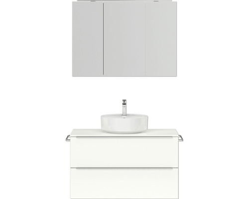 Badmöbel-Set NOBILIA Programm 3 BxHxT 101 x 169,1 x 48,7 cm Frontfarbe weiß hochglanz mit Aufsatz-Waschtisch und Spiegelschrank 3-türig mit LED-Beleuchtung Griffleiste chrom matt 450 Badmöbel-Set NOBILIA Programm 3 BxHxT 101 x 169,1 x 48,7 cm Frontfarbe weiß hochglanz mit Aufsatz-Waschtisch und Spiegelschrank 3-türig mit LED-Beleuchtung Griffleiste chrom matt 450