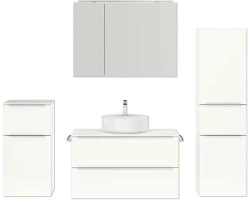 Badmöbel-Set NOBILIA Programm 3 BxHxT 210 x 169,1 x 48,7 cm Frontfarbe weiß hochglanz mit Aufsatz-Waschtisch und Spiegelschrank 3-türig mit LED-Beleuchtung Unterschrank Midischrank Griffleiste chrom matt 474 Badmöbel-Set NOBILIA Programm 3 BxHxT 210 x 169,1 x 48,7 cm Frontfarbe weiß hochglanz mit Aufsatz-Waschtisch und Spiegelschrank 3-türig mit LED-Beleuchtung Unterschrank Midischrank Griffleiste chrom matt 474