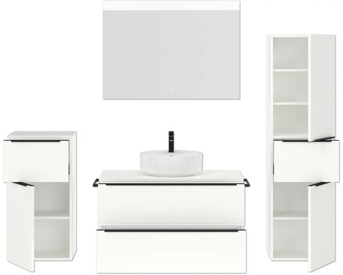 Badezimmergarnitur mit Waschtisch, Spiegel, Waschbecken und Schränken für Stauraum