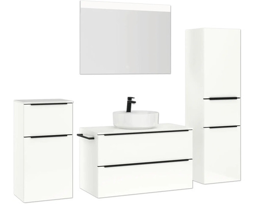 Badezimmer-Set mit Waschtisch, Waschbecken, Spiegelschrank und Hochschrank