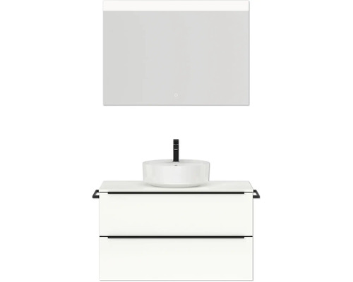 Badmöbel-Set NOBILIA Programm 3 BxHxT 101 x 169,1 x 48,7 cm Frontfarbe weiß hochglanz mit Aufsatz-Waschtisch weiß und Spiegel mit LED-Beleuchtung Griffleiste schwarz 443