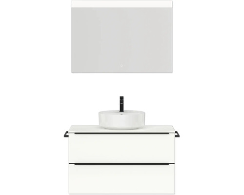 Badmöbel-Set NOBILIA Programm 3 BxHxT 101 x 169,1 x 48,7 cm Frontfarbe weiß hochglanz mit Aufsatz-Waschtisch weiß und Spiegel mit LED-Beleuchtung Griffleiste schwarz 443 Badezimmer Waschtischkombination mit Spiegel, Waschbecken und Unterschrank