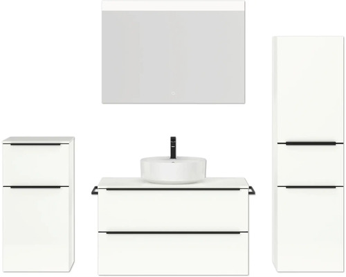 Badmöbel-Set NOBILIA Programm 3 BxHxT 210 x 169,1 x 48,7 cm Frontfarbe weiß hochglanz mit Aufsatz-Waschtisch weiß und Spiegel mit LED-Beleuchtung Midischrank Unterschrank Griffleiste schwarz 467 Badmöbel-Set NOBILIA Programm 3 BxHxT 210 x 169,1 x 48,7 cm Frontfarbe weiß hochglanz mit Aufsatz-Waschtisch weiß und Spiegel mit LED-Beleuchtung Midischrank Unterschrank Griffleiste schwarz 467