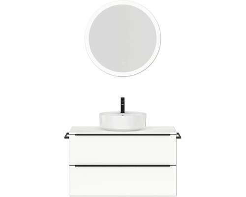 Badmöbel-Set NOBILIA Programm 3 BxHxT 101 x 169,1 x 48,7 cm Frontfarbe weiß hochglanz mit Aufsatz-Waschtisch weiß und Spiegel rund mit LED-Beleuchtung Griffleiste schwarz 459