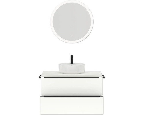 Waschtisch mit Aufsatzwaschbecken und beleuchtetem Spiegel