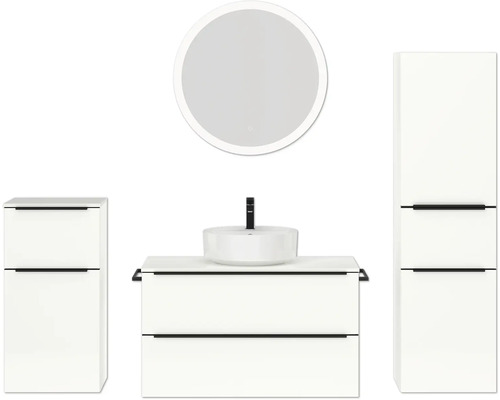 Badmöbel-Set NOBILIA Programm 3 BxHxT 210 x 169,1 x 48,7 cm Frontfarbe weiß hochglanz mit Aufsatz-Waschtisch weiß und Spiegel rund mit LED-Beleuchtung Midischrank Unterschrank Griffleiste schwarz 483 Badmöbel-Set NOBILIA Programm 3 BxHxT 210 x 169,1 x 48,7 cm Frontfarbe weiß hochglanz mit Aufsatz-Waschtisch weiß und Spiegel rund mit LED-Beleuchtung Midischrank Unterschrank Griffleiste schwarz 483