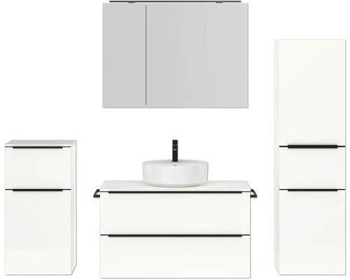 Badmöbel-Set NOBILIA Programm 3 BxHxT 210 x 169,1 x 48,7 cm Frontfarbe weiß hochglanz mit Aufsatz-Waschtisch und Spiegelschrank 3-türig mit LED-Beleuchtung Unterschrank Midischrank Griffleiste schwarz 475 Badmöbel-Set NOBILIA Programm 3 BxHxT 210 x 169,1 x 48,7 cm Frontfarbe weiß hochglanz mit Aufsatz-Waschtisch und Spiegelschrank 3-türig mit LED-Beleuchtung Unterschrank Midischrank Griffleiste schwarz 475