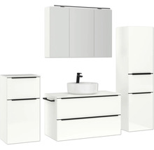 Badezimmerensemble mit Waschtisch, Aufsatzwaschbecken, Spiegelschrank und Hochschrank für eine moderne Badgestaltung