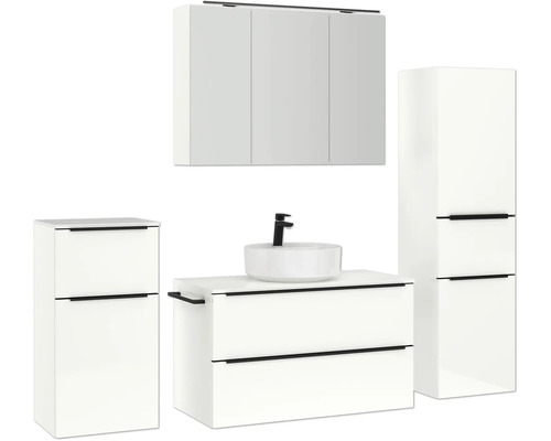 Badezimmerensemble mit Waschtisch, Aufsatzwaschbecken, Spiegelschrank und Hochschrank für eine moderne Badgestaltung