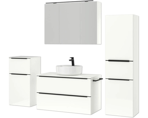Modernes Badezimmer-Set mit Waschtisch, Aufsatzwaschbecken, Spiegelschrank und Hochschrank für eine helle und organisierte Atmosphäre