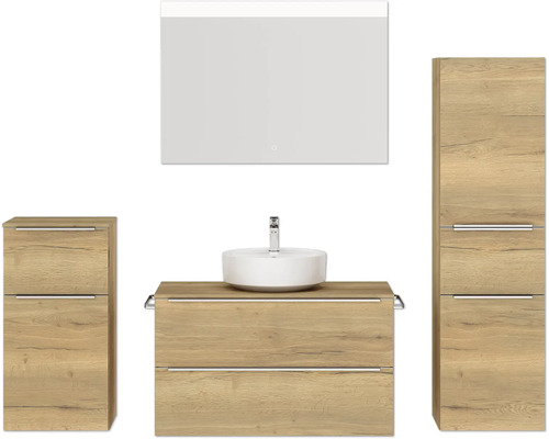 Badmöbel-Set NOBILIA Programm 3 BxHxT 210 x 169,1 x 48,7 cm Frontfarbe eiche natur mit Aufsatz-Waschtisch weiß und Spiegel mit LED-Beleuchtung Midischrank Unterschrank Griffleiste chrom matt 470 Badmöbel-Set NOBILIA Programm 3 BxHxT 210 x 169,1 x 48,7 cm Frontfarbe eiche natur mit Aufsatz-Waschtisch weiß und Spiegel mit LED-Beleuchtung Midischrank Unterschrank Griffleiste chrom matt 470