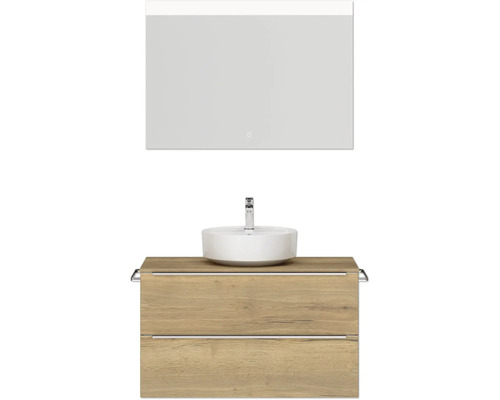 Badmöbel-Set NOBILIA Programm 3 BxHxT 101 x 169,1 x 48,7 cm Frontfarbe eiche natur mit Aufsatz-Waschtisch weiß und Spiegel mit LED-Beleuchtung Griffleiste chrom matt 446 Waschtischkombination mit Aufsatzwaschbecken und Spiegel für das Badezimmer