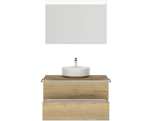 Waschtischkombination mit Aufsatzwaschbecken und beleuchtetem Spiegel für Badezimmer