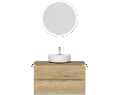 Badmöbel-Set NOBILIA Programm 3 BxHxT 101 x 169,1 x 48,7 cm Frontfarbe eiche natur mit Aufsatz-Waschtisch weiß und Spiegel rund mit LED-Beleuchtung Griffleiste chrom matt 462 Waschtischkombination mit Aufsatzwaschbecken, Unterschrank und rundem Spiegel mit Beleuchtung