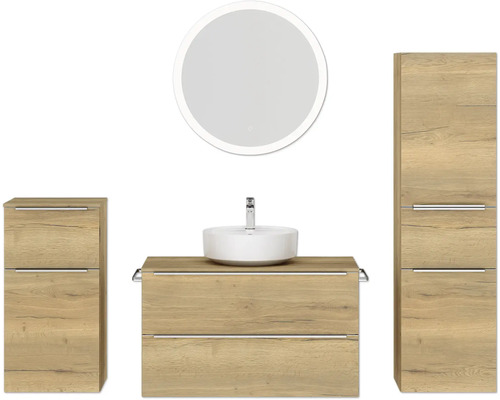 Badmöbel-Set NOBILIA Programm 3 BxHxT 210 x 169,1 x 48,7 cm Frontfarbe eiche natur mit Aufsatz-Waschtisch weiß und Spiegel rund mit LED-Beleuchtung Midischrank Unterschrank Griffleiste chrom matt 486 Badmöbel-Set NOBILIA Programm 3 BxHxT 210 x 169,1 x 48,7 cm Frontfarbe eiche natur mit Aufsatz-Waschtisch weiß und Spiegel rund mit LED-Beleuchtung Midischrank Unterschrank Griffleiste chrom matt 486