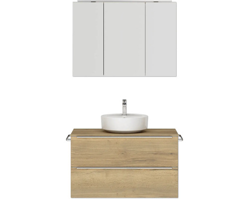 Badmöbel-Set NOBILIA Programm 3 BxHxT 101 x 169,1 x 48,7 cm Frontfarbe eiche natur mit Aufsatz-Waschtisch und Spiegelschrank 3-türig mit LED-Beleuchtung Griffleiste chrom matt 454 Badmöbel-Set NOBILIA Programm 3 BxHxT 101 x 169,1 x 48,7 cm Frontfarbe eiche natur mit Aufsatz-Waschtisch und Spiegelschrank 3-türig mit LED-Beleuchtung Griffleiste chrom matt 454