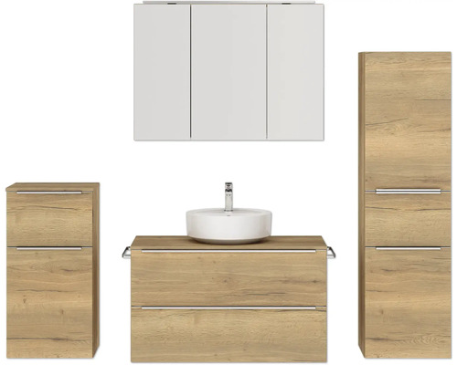 Badmöbel-Set NOBILIA Programm 3 BxHxT 210 x 169,1 x 48,7 cm Frontfarbe eiche natur mit Aufsatz-Waschtisch und Spiegelschrank 3-türig mit LED-Beleuchtung Unterschrank Midischrank Griffleiste chrom matt 478 Badmöbel-Set NOBILIA Programm 3 BxHxT 210 x 169,1 x 48,7 cm Frontfarbe eiche natur mit Aufsatz-Waschtisch und Spiegelschrank 3-türig mit LED-Beleuchtung Unterschrank Midischrank Griffleiste chrom matt 478