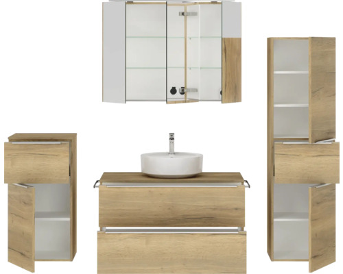 Badezimmerensemble mit Waschtisch, Spiegel und Unterschränken